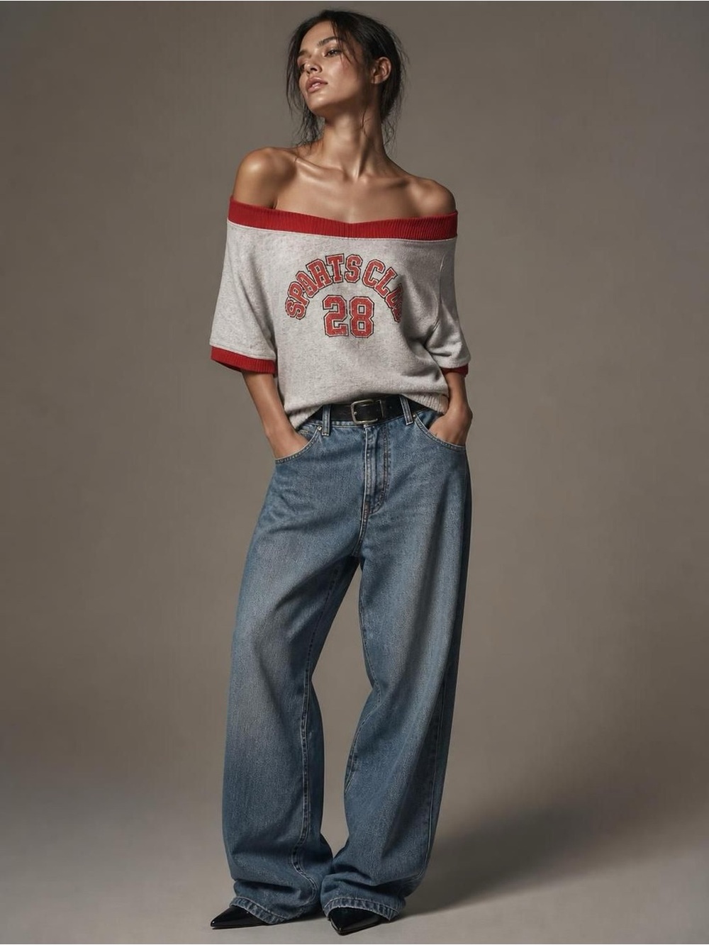 Hollister SPARTS CLUB 28 Off-Shoulder Varsity Sweatshirt Gray & Red L NWT